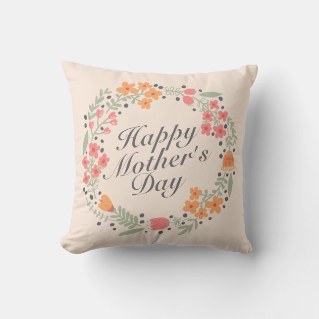 Elegant Happy Mother's Day Floral Wreath | Pillow (Front)