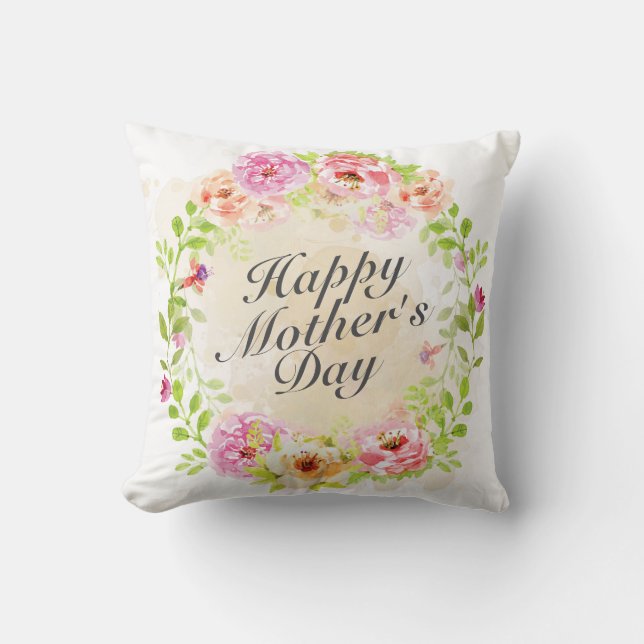 Elegant Happy Mother's Day Floral Wreath | Pillow (Front)