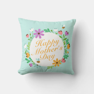 Elegant Happy Mother's Day Floral Wreath Pillow