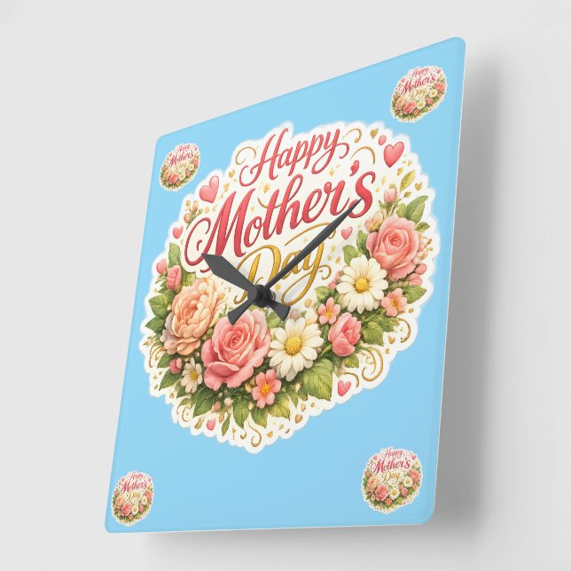 Elegant happy Mother's Day floral wreath Square Wall Clock (Angle)