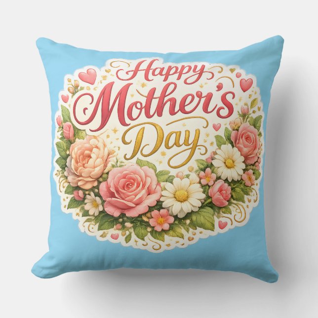 Elegant happy Mother's Day floral wreath Throw Pillow (Front)