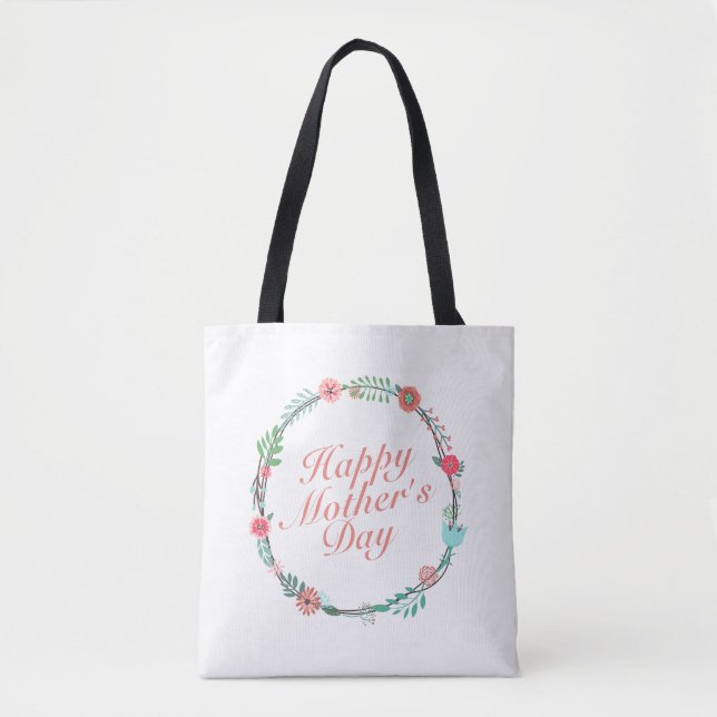 Elegant Happy Mother's Day Floral Wreath Tote Bag (Front)