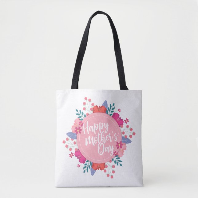 Elegant Happy Mother's Day Floral Wreath Tote Bag (Front)