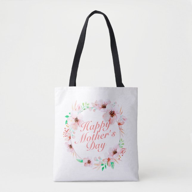 Elegant Happy Mother's Day Floral Wreath Tote Bag (Front)