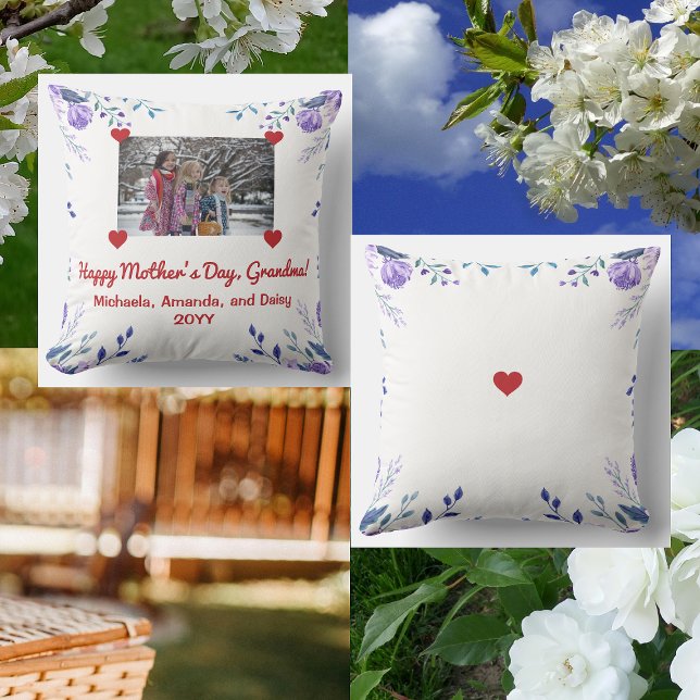 Elegant Happy Mother's Day Grandma Photo Floral Throw Pillow (Happy Mother's Day, Grandma! Elegant personalized floral photo pillow with hearts holding the photo)