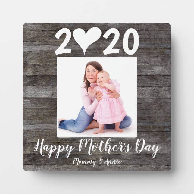 Elegant Happy Mother's Day Script Heart Wood Photo Plaque (Front)