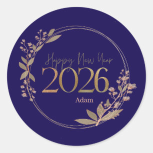 Elegant Happy New Year 2026 Blue & Gold Personaliz Classic Round Sticker