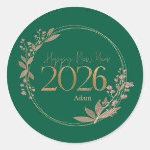 Elegant Happy New Year 2026 green & Gold Personali Classic Round Sticker