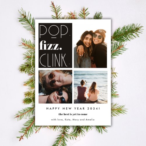 Elegant Happy New Year 3 Photo Collage Friends Holiday Card