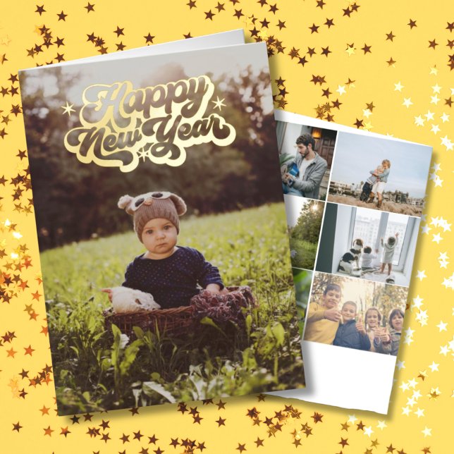 Elegant Happy New Year 8 Photo Folded Foil Holiday Card (Happy New Year Holiday Card 8 Photos Family Holiday Card)