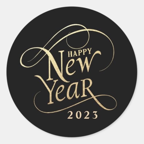Elegant Happy New Year Black Gold Classic Round Sticker