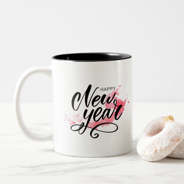 "Elegant Happy New Year Calligraphy" Two-Tone Coffee Mug (With Donut)