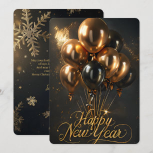 Elegant Happy New Year Gold Black Balloons  Holiday Card