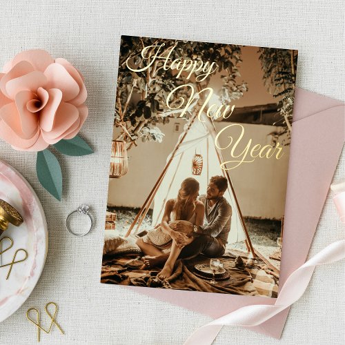Elegant Happy New Year Gold Minimal Couple Photo Foil Holiday Card