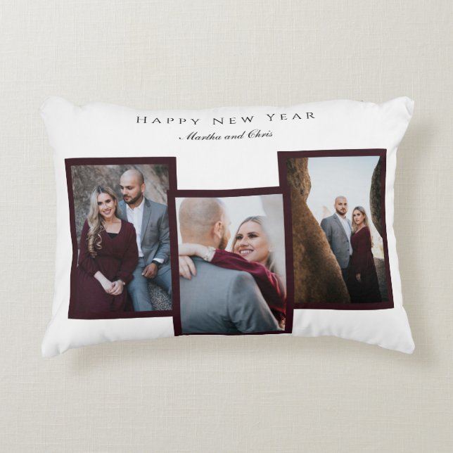 Elegant Happy New Year Script 3 Photo Collage Red Accent Pillow (Front)