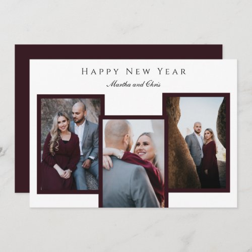 Elegant Happy New Year Script 3 Photo Collage Red Holiday Card