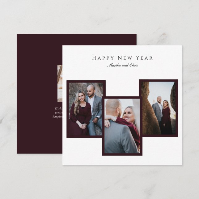 Elegant Happy New Year Script 3 Photo Collage Red Holiday Card (Front/Back)