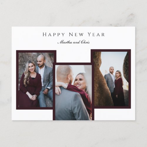Elegant Happy New Year Script 3 Photo Collage Red Holiday Postcard