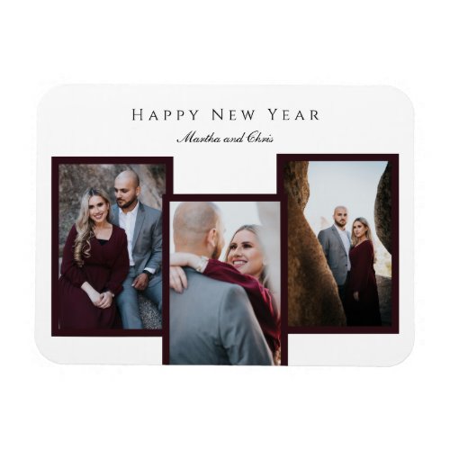 Elegant Happy New Year Script 3 Photo Collage Red Magnet