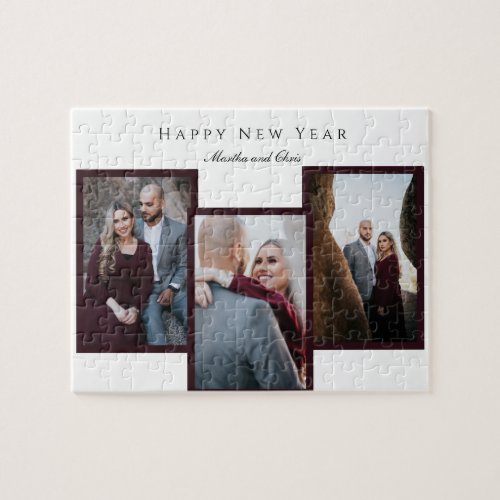 Elegant Happy New Year Script Photo Collage Red Jigsaw Puzzle