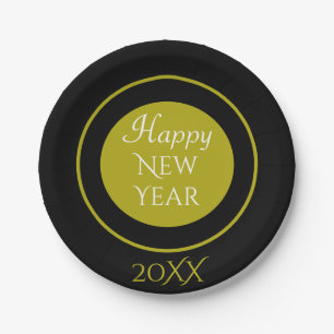 Elegant Happy New Year with Year Black Gold Paper Plates