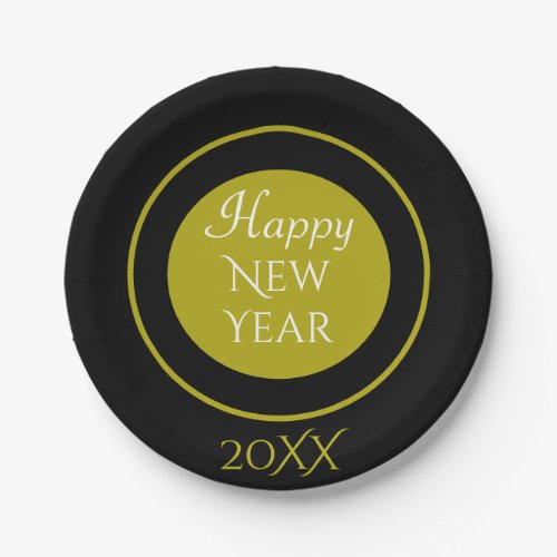 Elegant Happy New Year with Year Black Gold Paper Plates