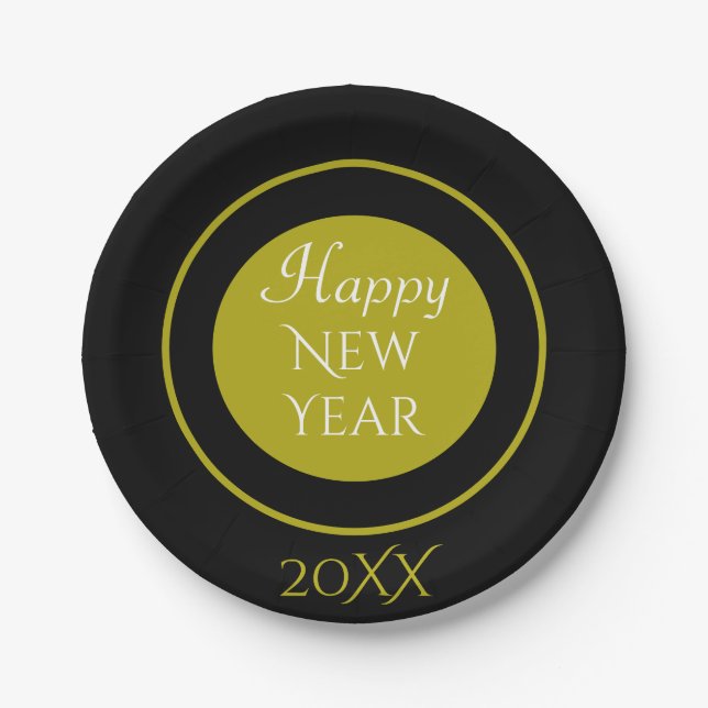 Elegant Happy New Year with Year Black Gold Paper Plates (Front)