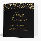 Elegant Happy Retirement Black Gold Stars 3 Ring Binder (Front/Inside)