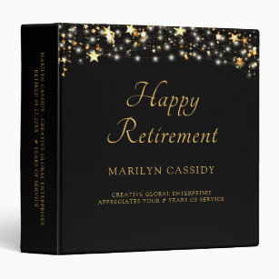 Elegant Happy Retirement Black Gold Stars 3 Ring Binder