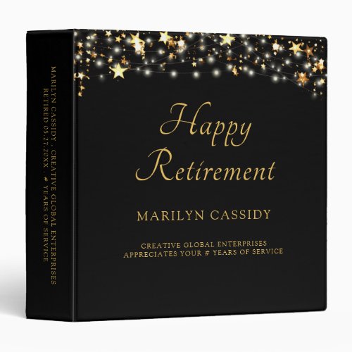 Elegant Happy Retirement Black Gold Stars 3 Ring Binder