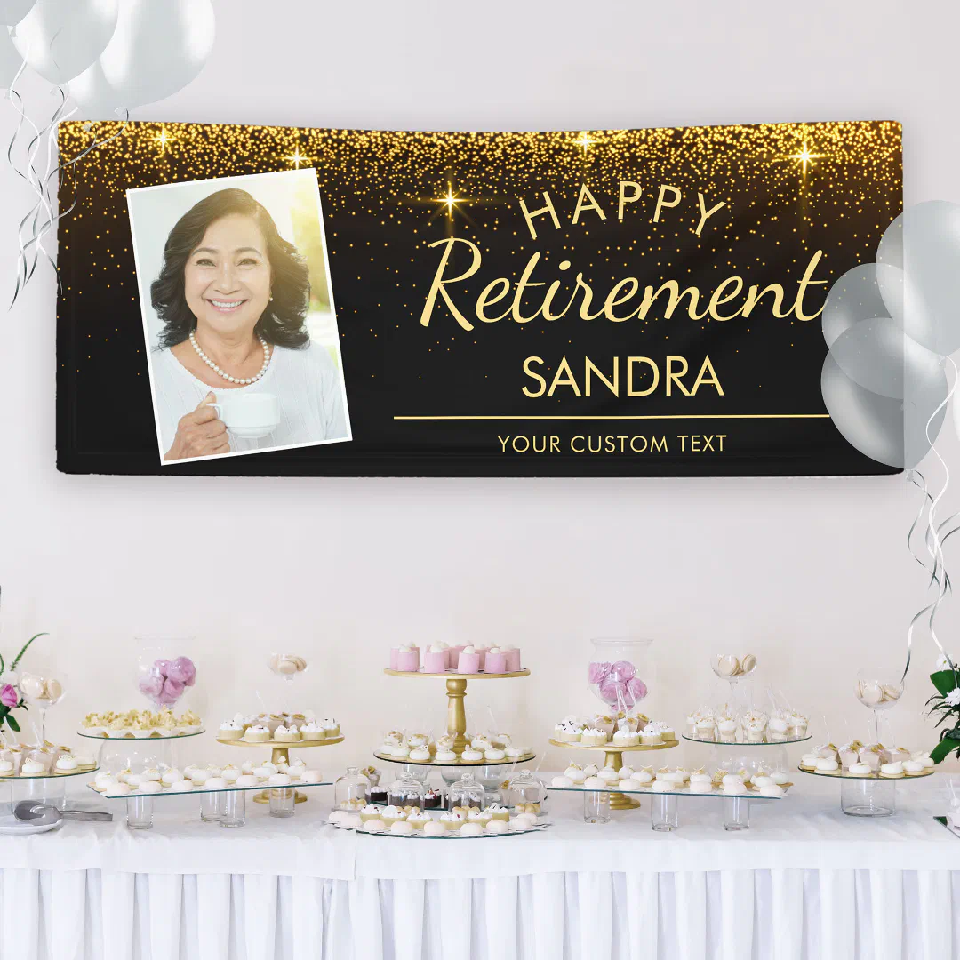 Elegant Happy Retirement Photo Gold Sparkle Banner (Creator Uploaded)