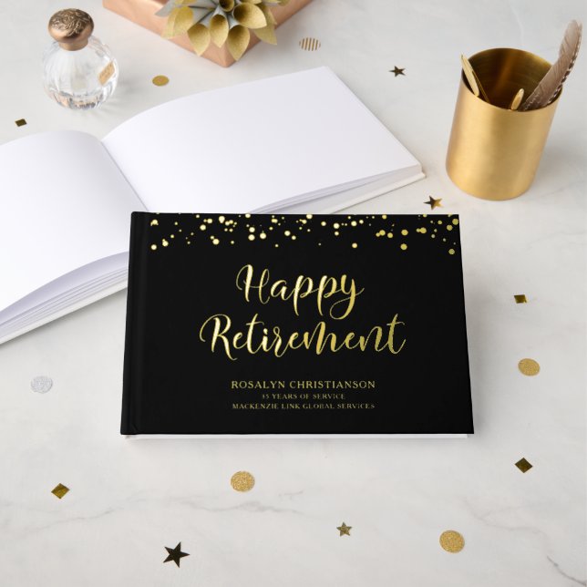 Elegant Happy Retirement Script Black Gold Foil Guest Book (Front Open)