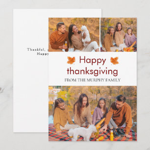 Elegant  Happy Thanksgiving Autumn Leaves 3 Photo Holiday Card