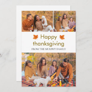 Elegant Happy Thanksgiving Autumn Leaves 3 Photo Holiday Card
