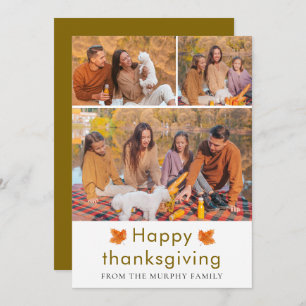 Elegant Happy Thanksgiving Autumn Leaves 3 Photo Holiday Card