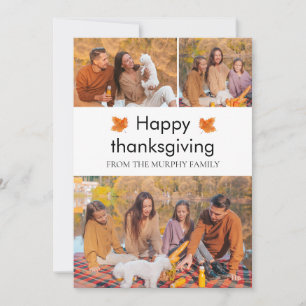 Elegant Happy Thanksgiving Autumn Leaves 3 Photo Holiday Card