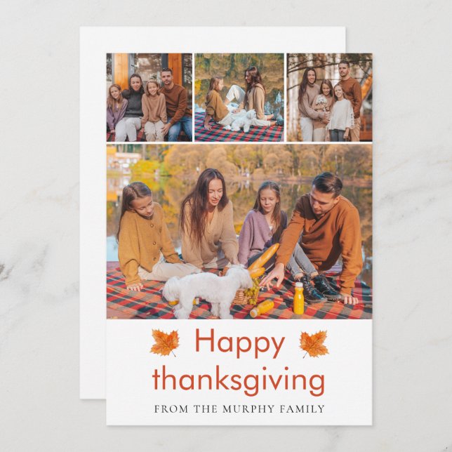 Elegant  Happy Thanksgiving Autumn Leaves 4 Photo Holiday Card (Front/Back)