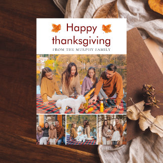 Elegant Happy Thanksgiving Autumn Leaves 4 Photo Holiday Card