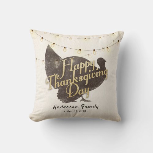 Elegant Happy Thanksgiving Day Turkey String Light Throw Pillow
