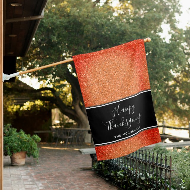 Elegant Happy Thanksgiving Orange Hand Lettered House Flag (In SItu)