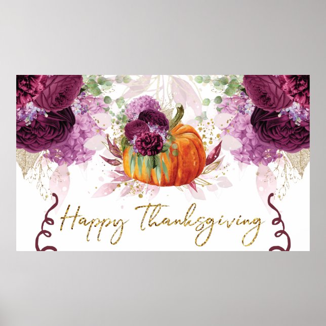 Elegant Happy Thanksgiving Pumpkin Burgundy Poster (Front)