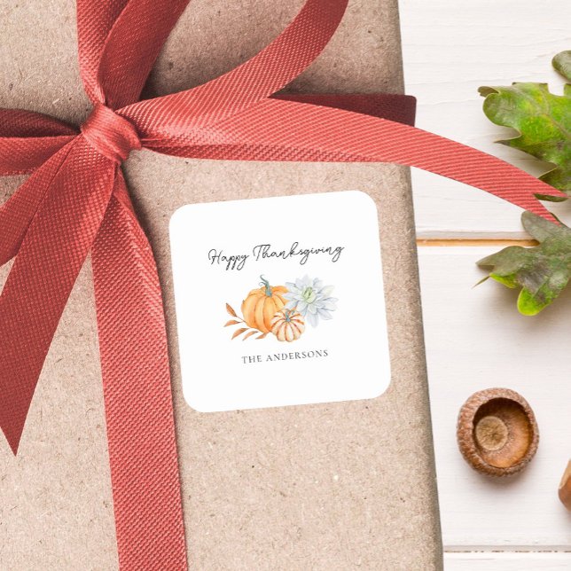 Elegant Happy Thanksgiving Pumpkin Fall Square Sticker (Creator Uploaded)