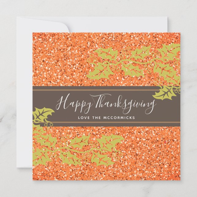 Elegant Happy Thanksgiving Script Orange Glitter Holiday Card (Front)