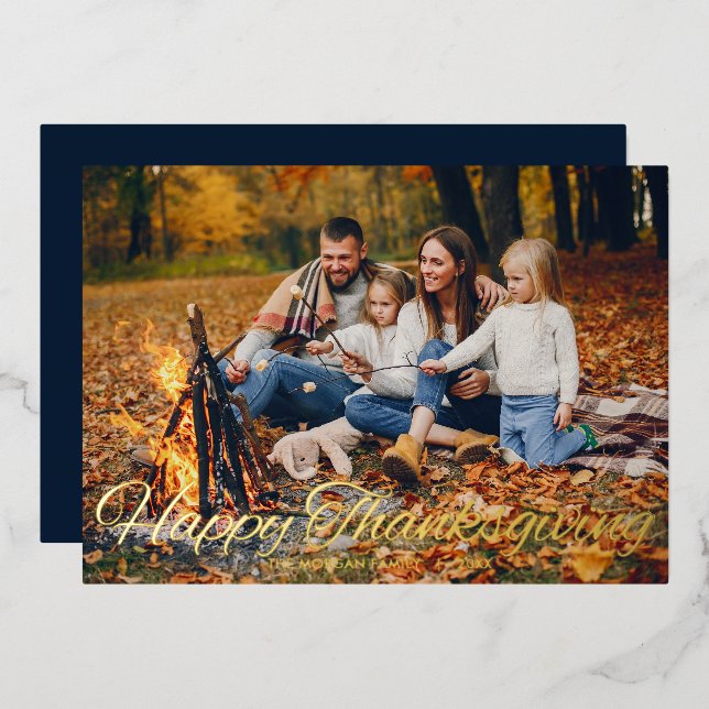 Elegant Happy Thanksgiving Script Typography Photo Foil Holiday Card (Front/Back)
