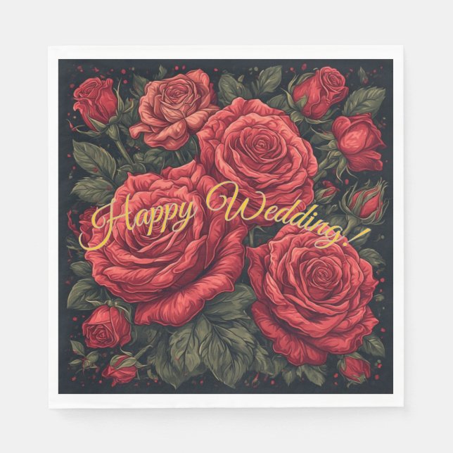 Elegant "Happy Wedding" Roses Paper Napkins (Front)