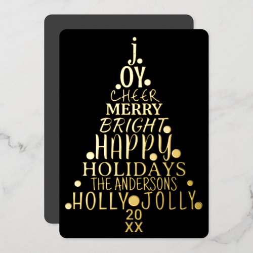 Elegant Happy Word Art Tree Christmas Black Gold Foil Holiday Card