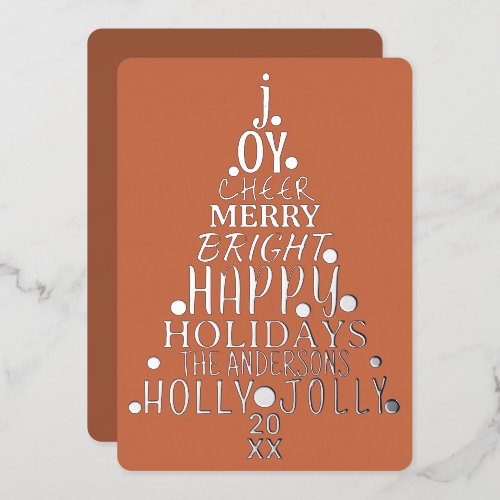 Elegant Happy Word Art Tree Christmas Chic Silver Foil Holiday Card
