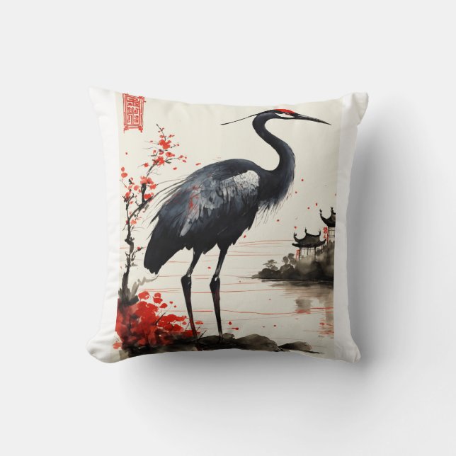 Elegant Harmony: Black and Red a crane chinnese Throw Pillow (Front)