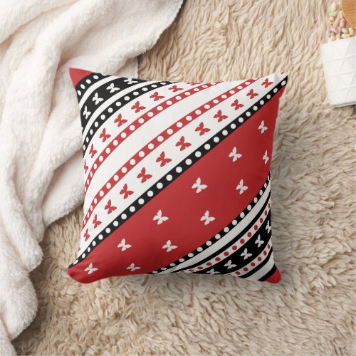 Elegant Harmony Red and Black Butterfly Stripes  Throw Pillow
