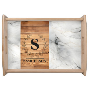 Elegant Harmony: Wood & Marble Serving Tray